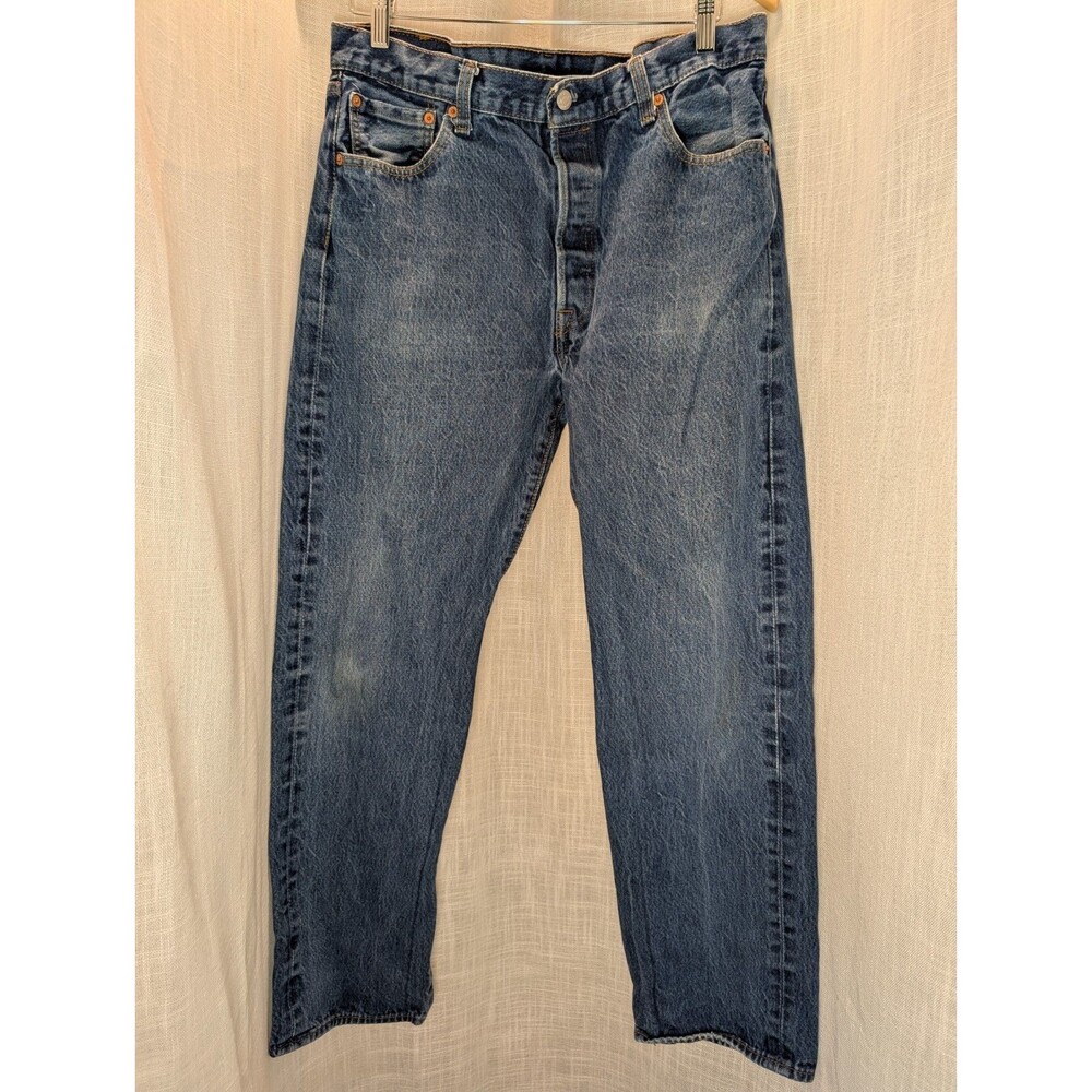 Levis 501 Button Fly Jeans Mens 36X34 Dark Blue Denim Pants Straight Leg